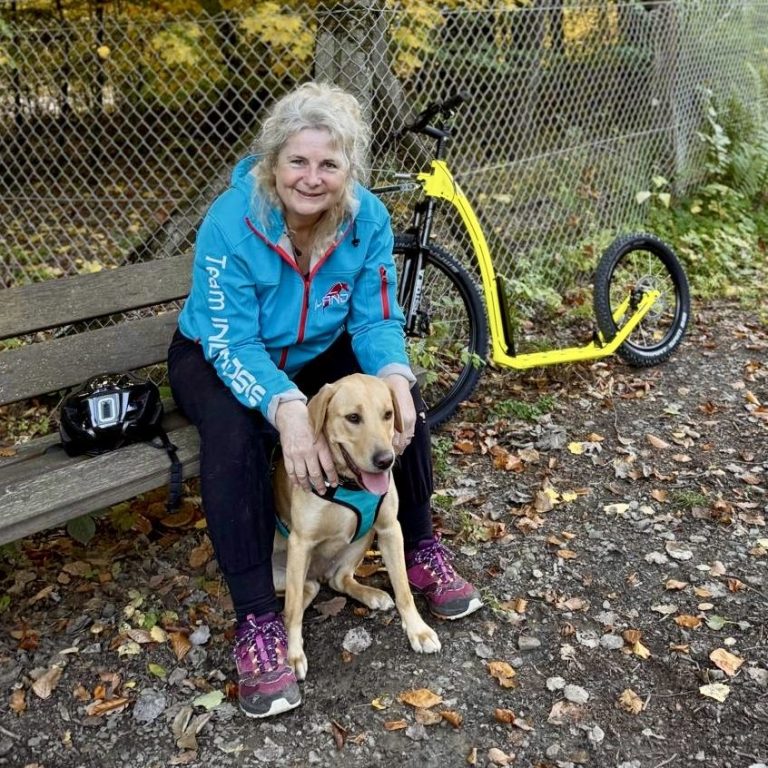 Dogscooting Eine Frau sitzt auf einer Bank mit einem Hund, neben ihr steht ein gelbes Tretboard.