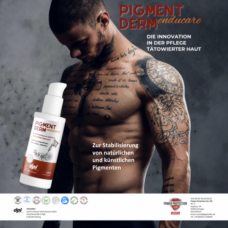 Produkt-Werbung Mann mit Tattoos und verkaufter Hautpflege in ansprechender Produktpräsentation.