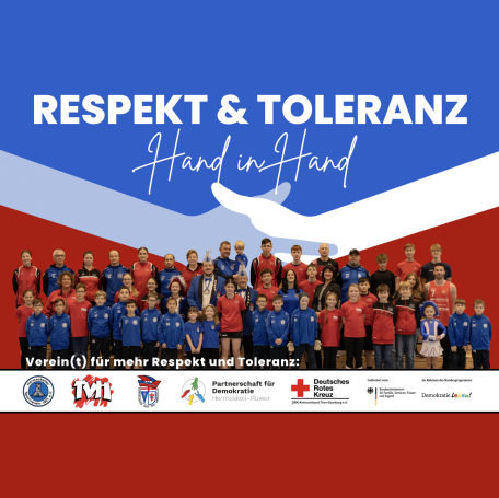 Bannergestaltung Gruppenfoto mit Teilnehmern in farbigen T-Shirts, Motto: Respekt & Toleranz.